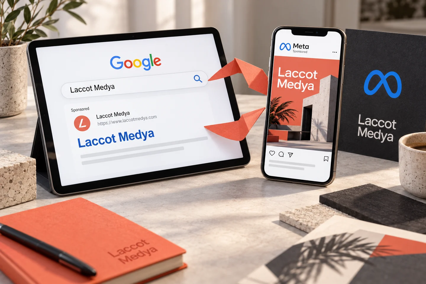 Device mockups of Google search ads and Meta campaign creative