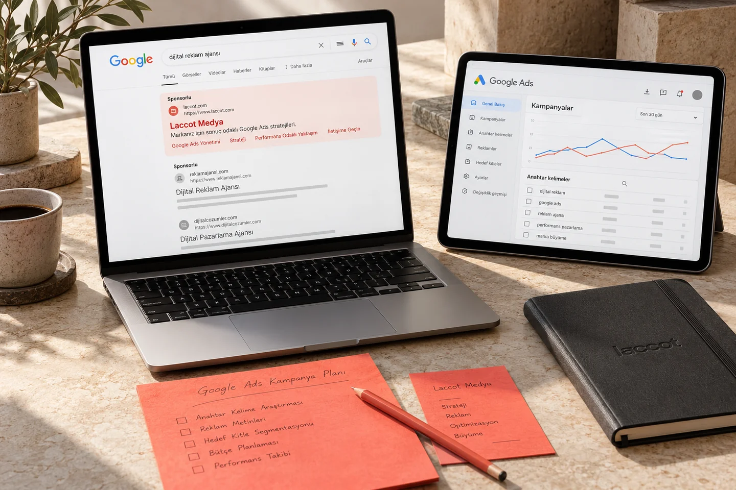 Laccot Google Ads arama reklamı ve kampanya planlamasının cihaz mockup’ı