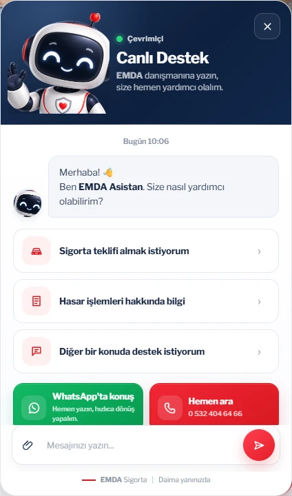 Emda Asistan destek paneli; sigorta teklifi, hasar bilgisi, WhatsApp ve telefon seçenekleri