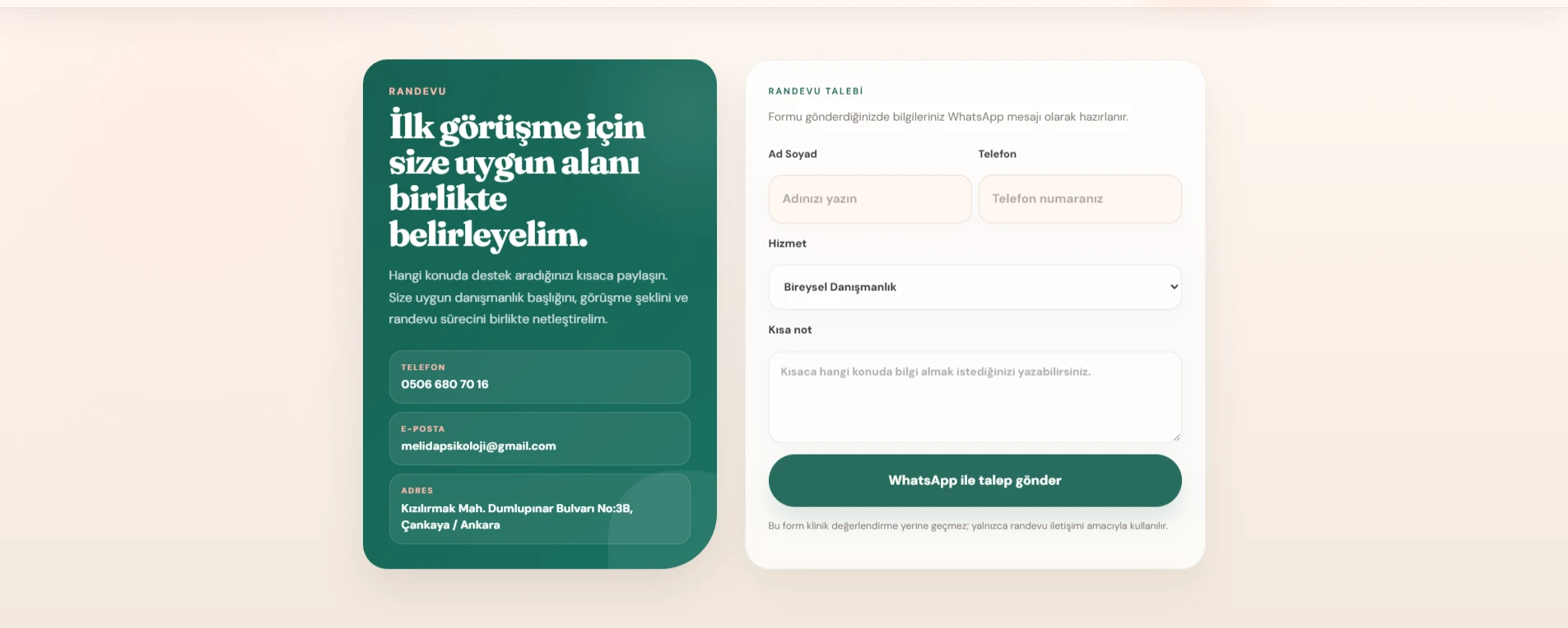 Melida için geliştirdiğimiz WhatsApp bağlantılı randevu formu