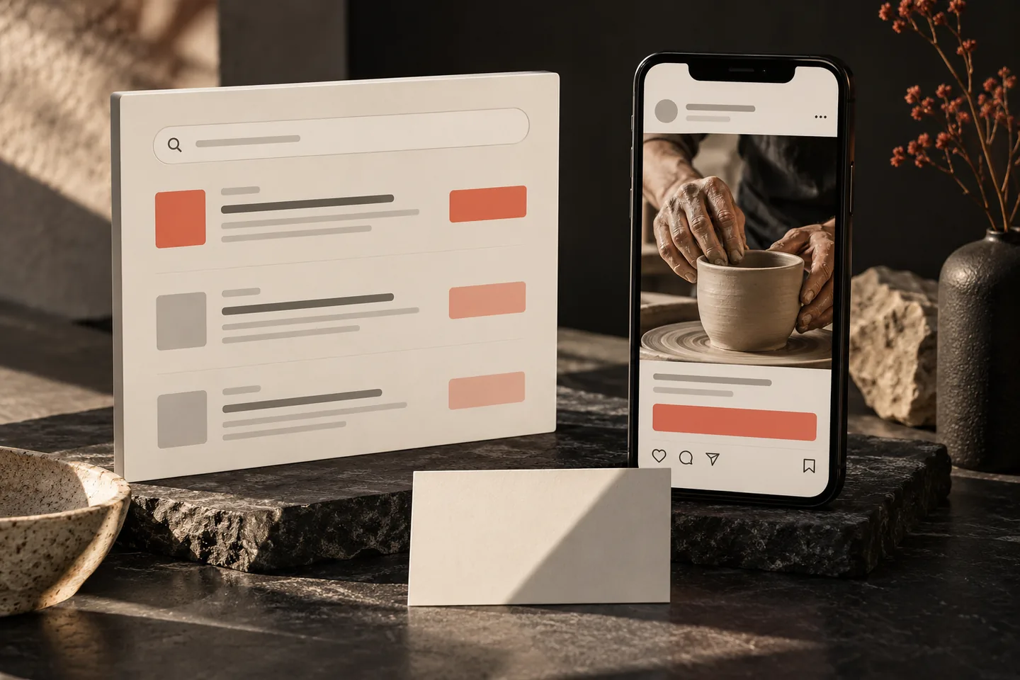 Google arama reklamı ile sosyal medya reklamını yan yana gösteren kompozisyon