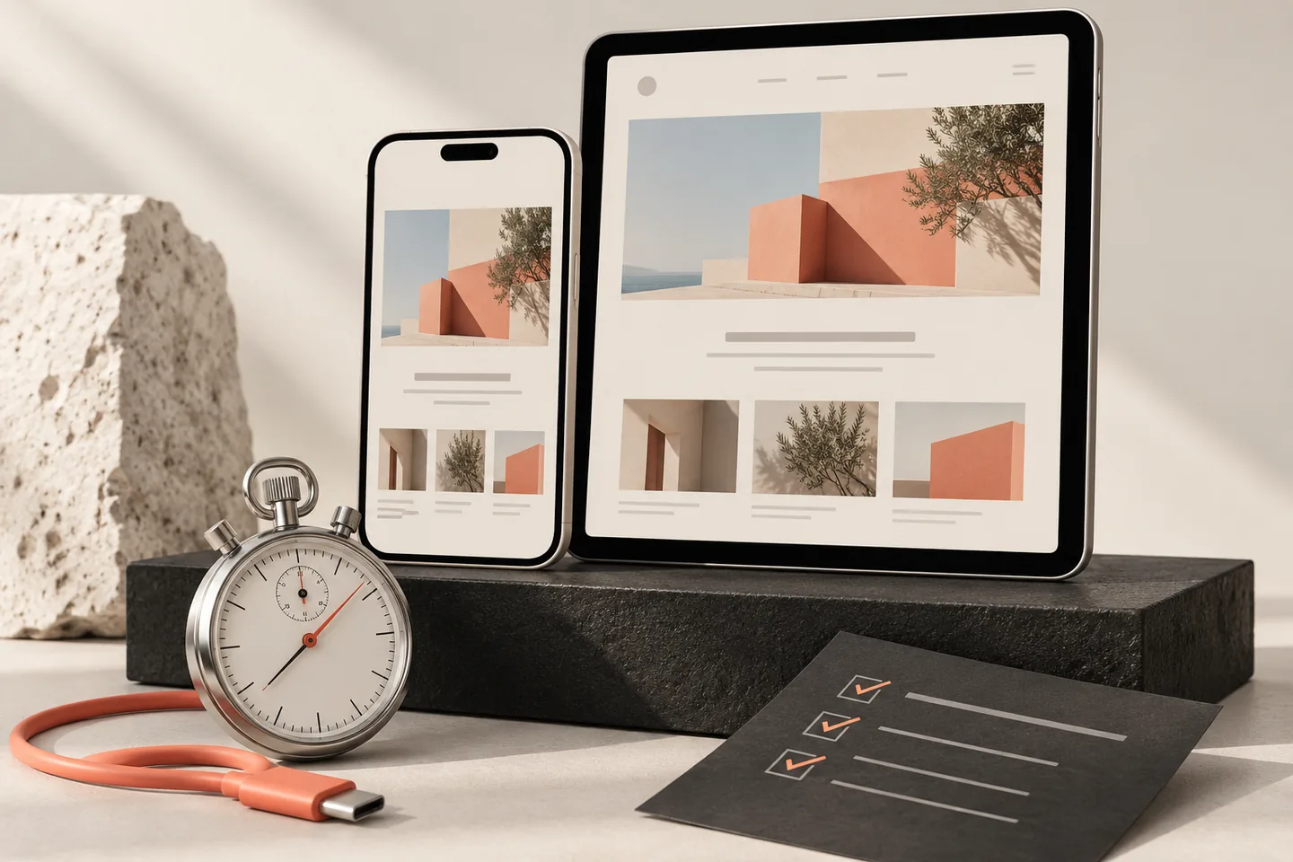 Telefon, tablet ve kronometreyle mobil web sitesi hız kontrolü konsepti