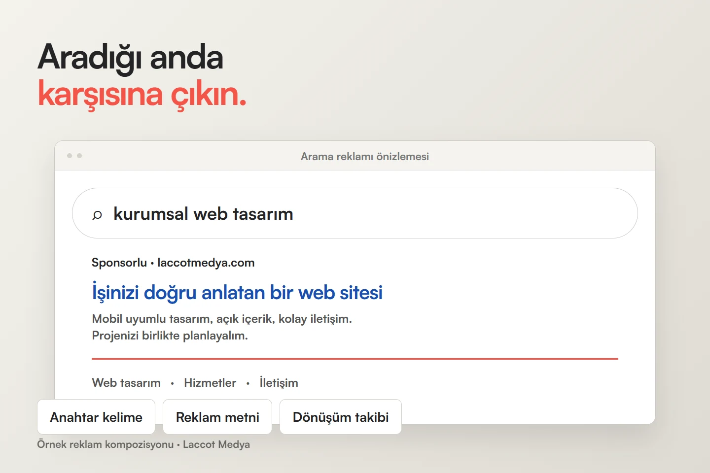 Anahtar kelime, sponsorlu arama reklamı ve dönüşüm takibi kompozisyonu