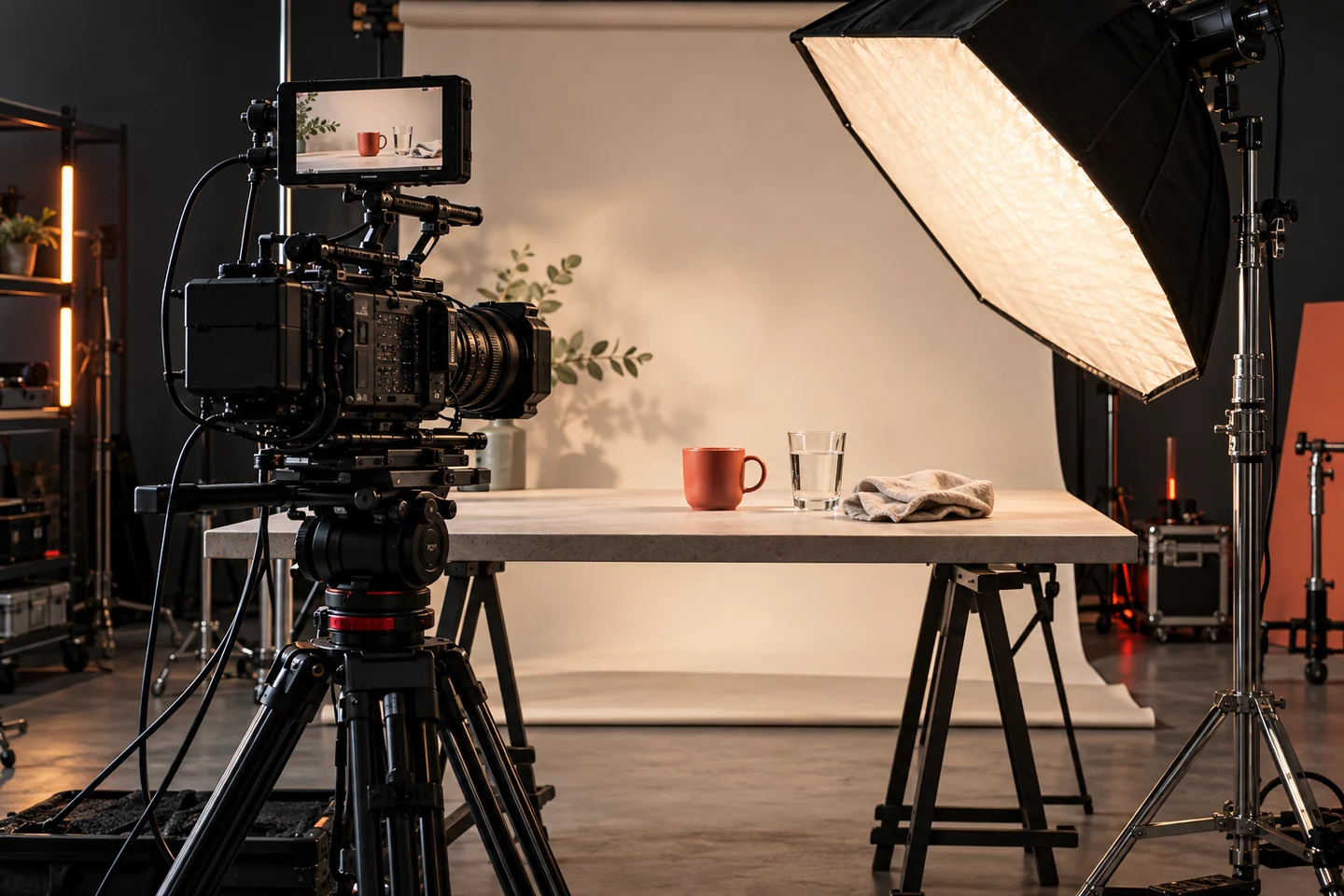 Sinema kamerası, monitör ve büyük softbox ile fotoğraf ve video çekim seti